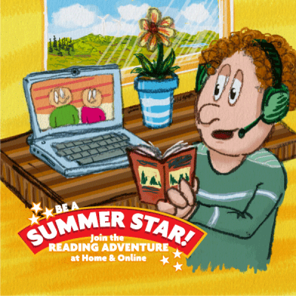 Summer Stars illustration showing child reading a book in front of a laptop