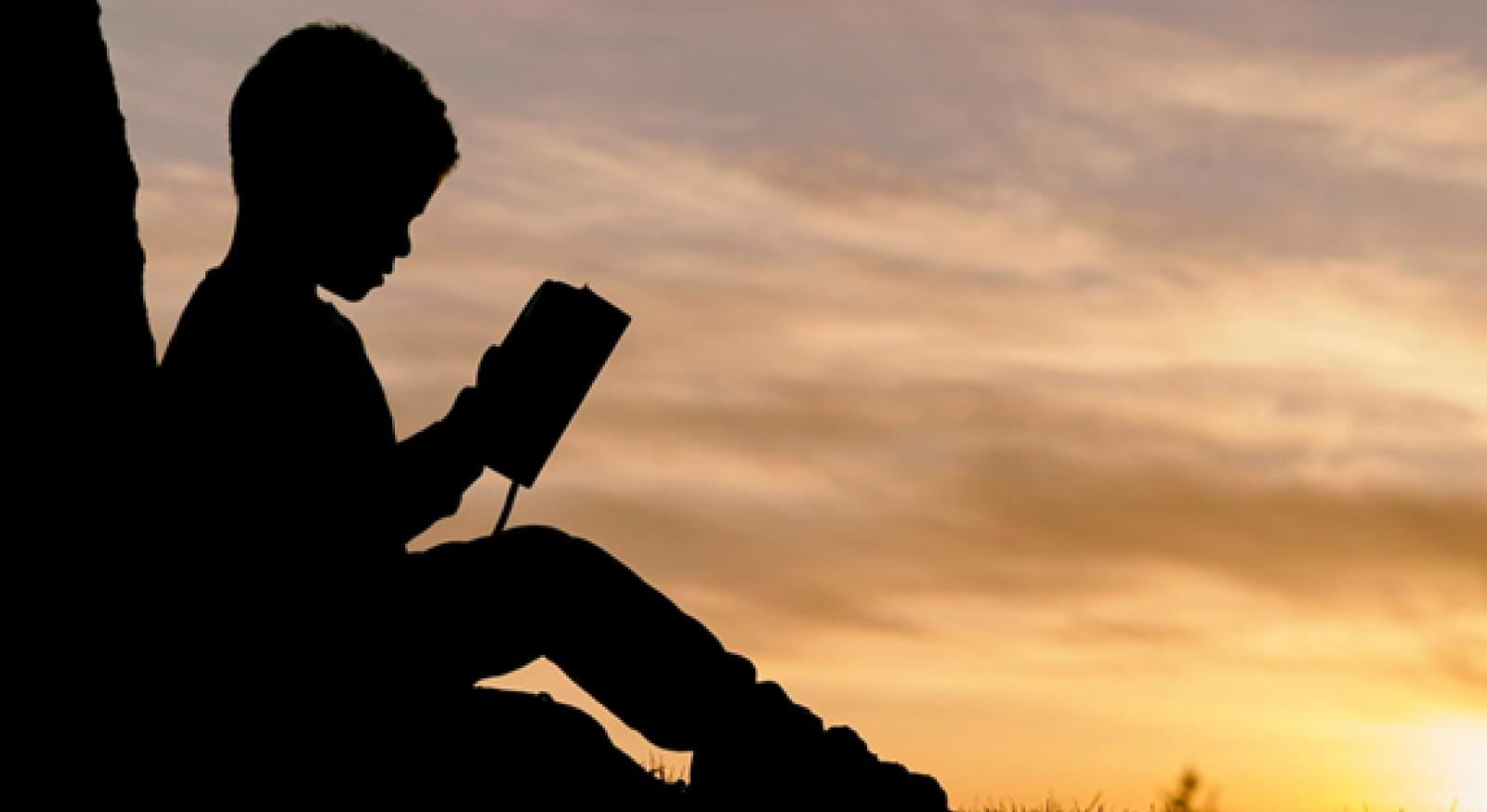 silhouette of child sitting behind tree during sunset reading