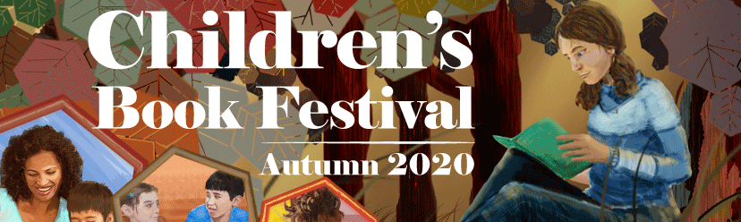 Children's Book Festival poster showing a girl sitting under a tree reading a book and the text 'Autumn 2020'
