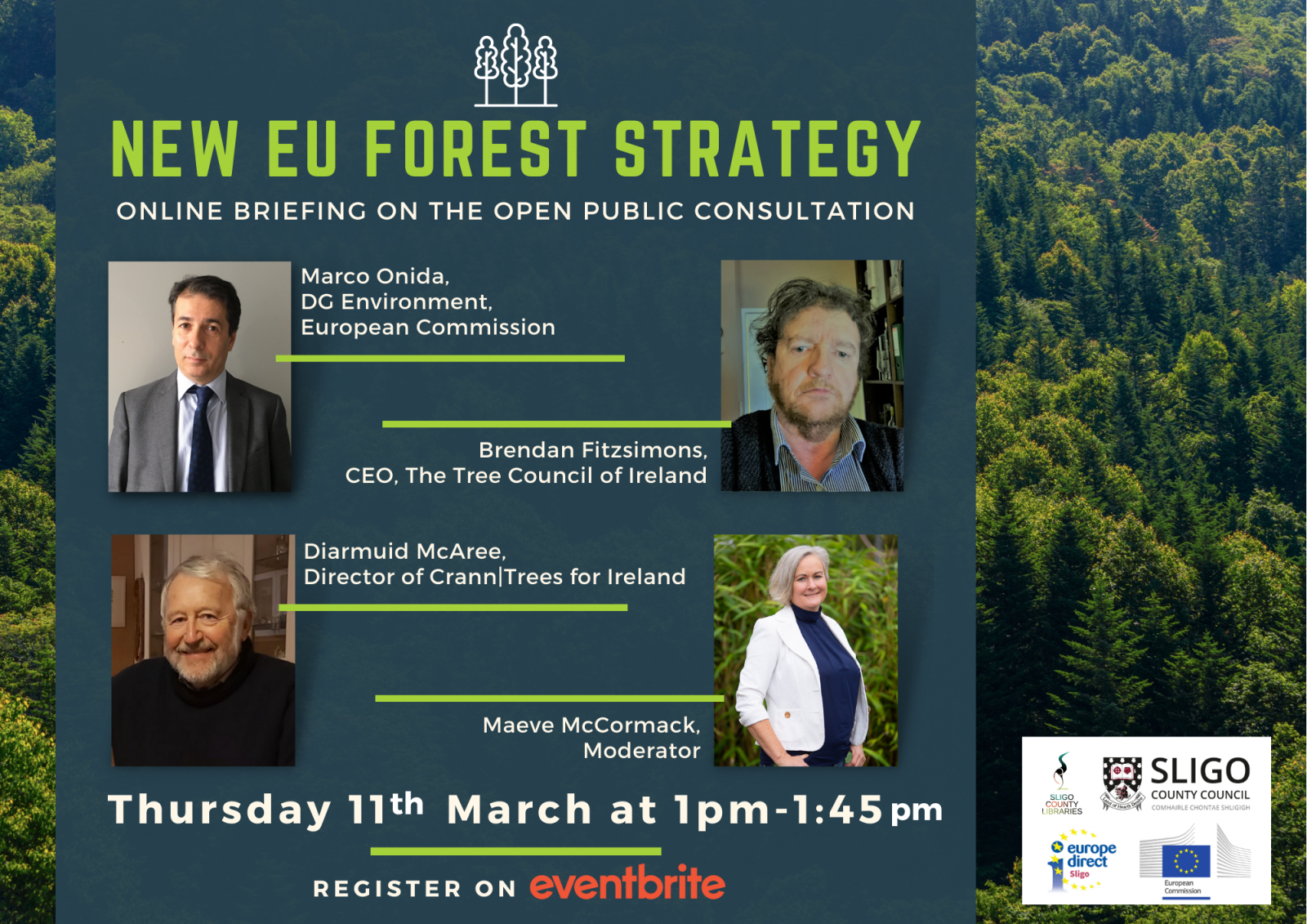 Poster for EDIC Sligo free online webinar on the public consultation for the new EU Forest Strategy March 11th at 1pm register at eventbrite:  https://bit.ly/3kIclI0 