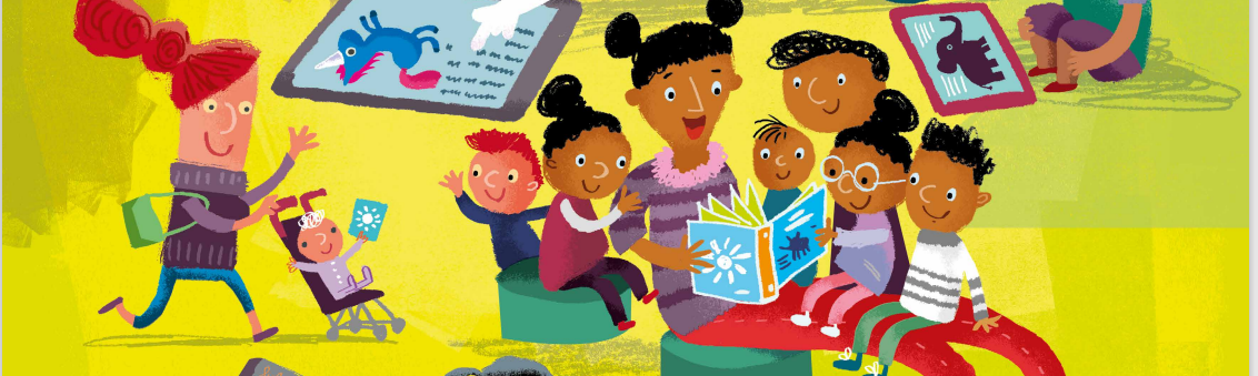 Caregivers reading books to children.