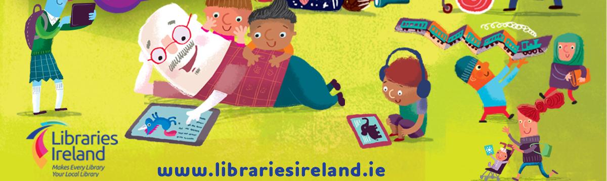 A painted image of parents and children reading.