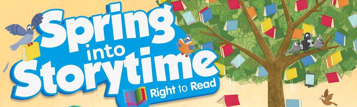 Spring into Storytime illustrated poster showing animals reading under a tree
