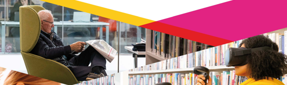 The cover of The Library is the Place: Information, Recreation, Inspiration. National Public Library Strategy 2023-2027. Images show a man reading a newspaper, a woman using a VR headset, and children reading books in front of library shelves