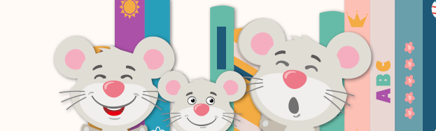 Cartoon image of three mice on a book shelf, with books