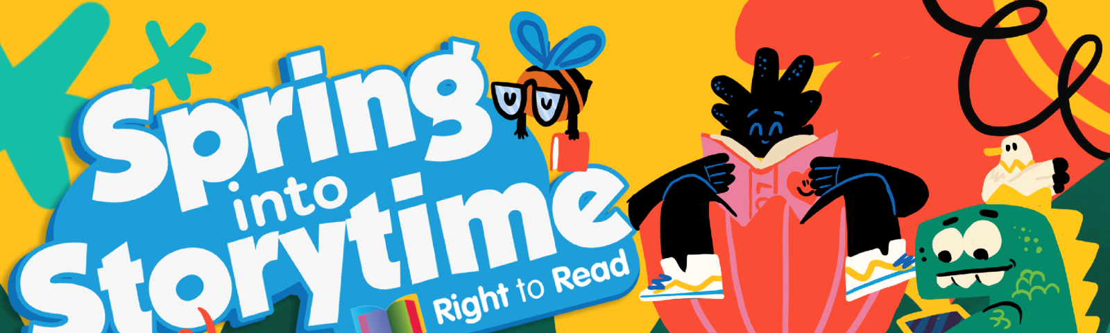 Spring into Storytime illustration showing colourful cartoon characters reading in a garder