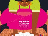 Illustration showing woman reading, with text 'Squeeze in a read, find your perfect read and take the pledge at irelandreads.ie'