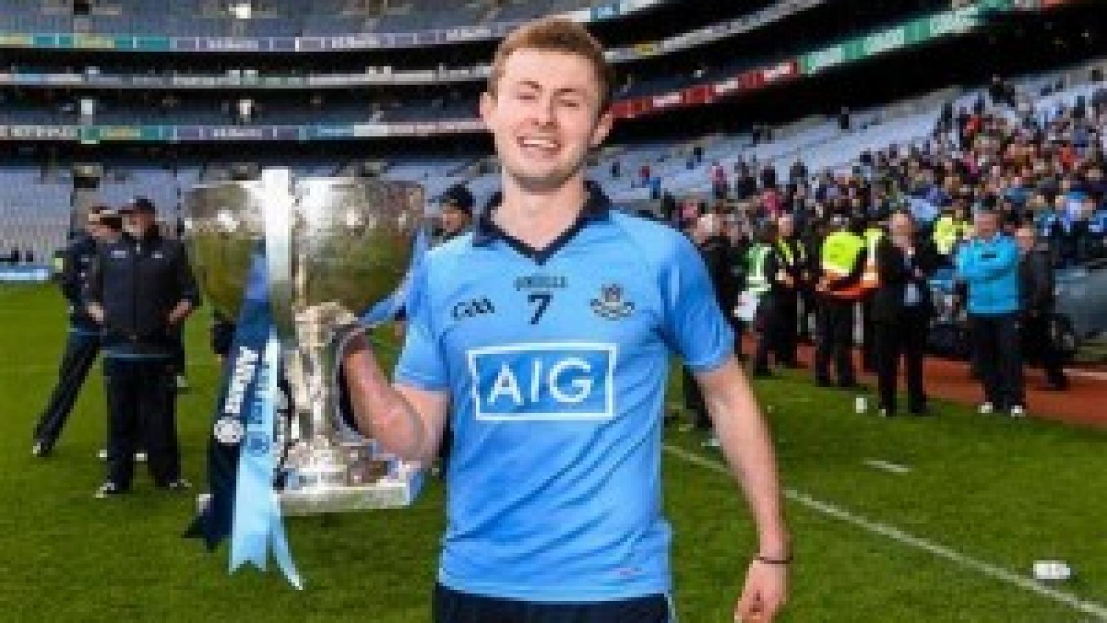 Jack McCaffrey holding Sam Maguire Cup