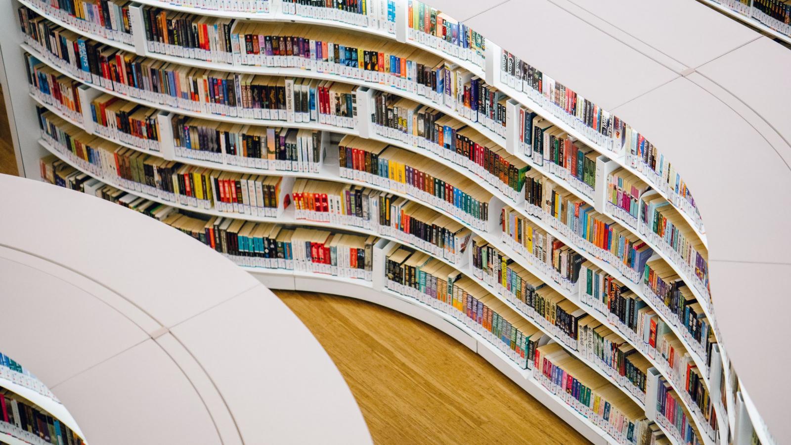 Books on a shelf in a librarty