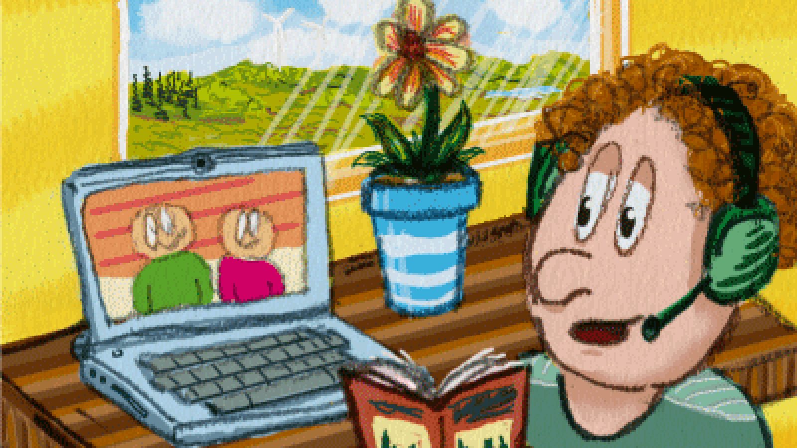 Summer Stars illustration showing child reading a book in front of a laptop