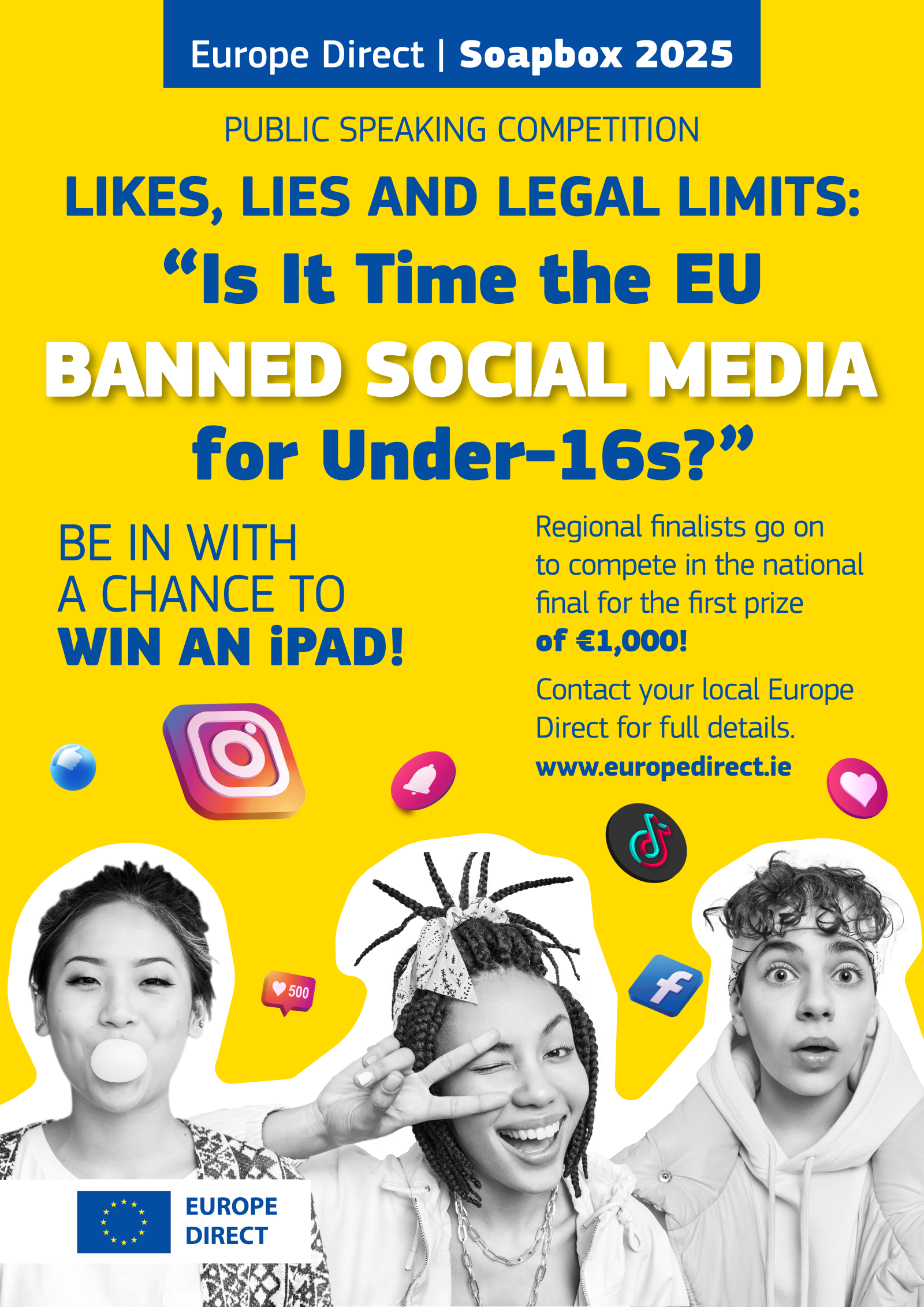 Poster for the Europe Direct Soapbox 2025 with the theme of "Is It Time the EU Banned Social Media for Under-16s?"